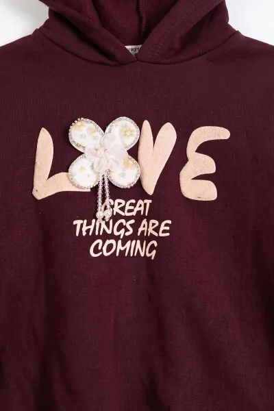 Bordo (6-12 Yaş)Love Baskılı Çiçek Aplikeli Kapüşonlu 3 İp Şardonlu Kız Çocuk Takım 479617