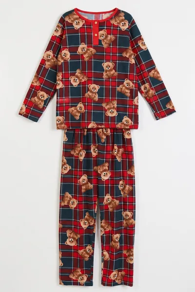 Bordo (6-14 Yaş) Desenli Yakadan Yarım Düğmeli  Süprem Kumaş Kız Çocuk Pijama Takımı 487216