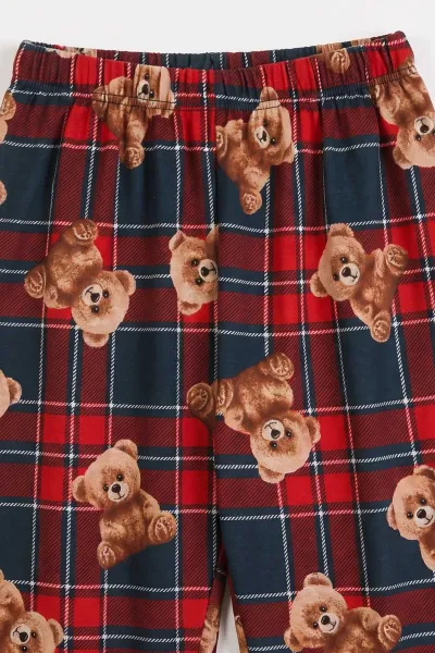 Bordo (6-14 Yaş) Desenli Yakadan Yarım Düğmeli  Süprem Kumaş Kız Çocuk Pijama Takımı 487216