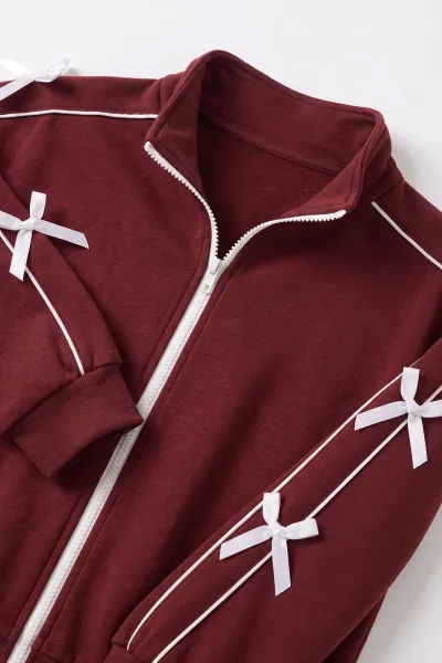Bordo (6-15 Yaş) Kıl Biyeli Taş Baskılı Kurdelalı Oysho Kız Çocuk Takım 498308