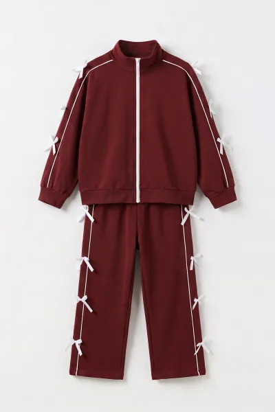 Bordo (6-15 Yaş) Kıl Biyeli Taş Baskılı Kurdelalı Oysho Kız Çocuk Takım 498308