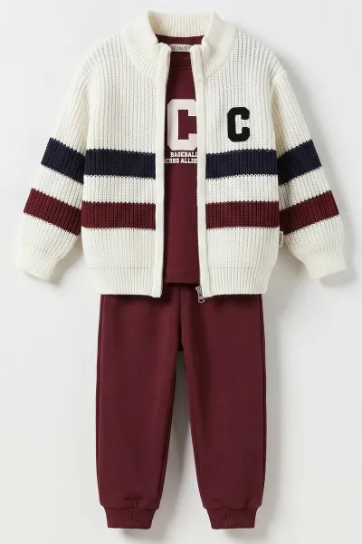 Bordo (6-24 Ay) C Baskılı Triko Hırkalı Erkek  Bebek 3'lü Takım 482586