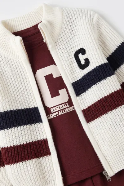 Bordo (6-24 Ay) C Baskılı Triko Hırkalı Erkek  Bebek 3'lü Takım 482586