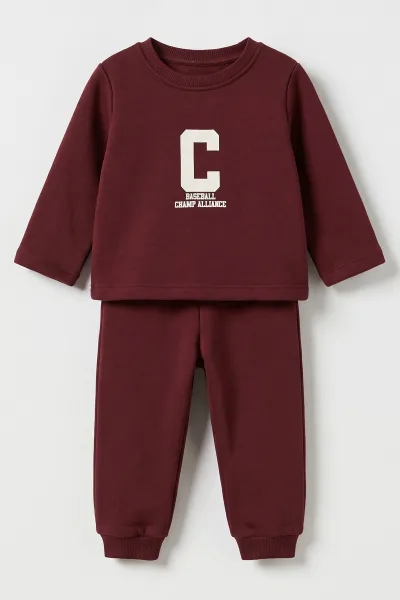 Bordo (6-24 Ay) C Baskılı Triko Hırkalı Erkek  Bebek 3'lü Takım 482586