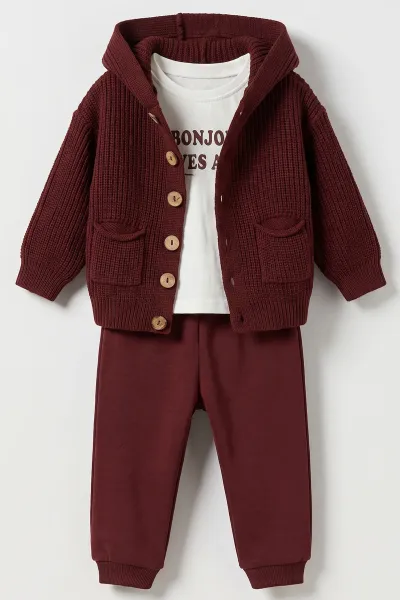 Bordo (6-24 Ay)Kapüşonlu Triko Hırkalı Erkek  Bebek 3'lü Takım 482588
