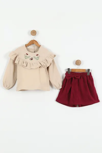 Bordo (6-9 Yaş)Yaka Nakışlı Müslin Gömlek Kadife Şort Etekli Kız Çocuk Takım 429378