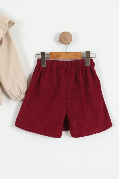 Bordo (6-9 Yaş)Yaka Nakışlı Müslin Gömlek Kadife Şort Etekli Kız Çocuk Takım 429378