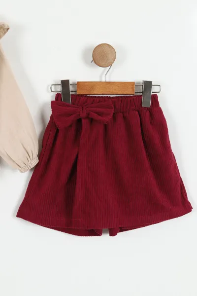 Bordo (6-9 Yaş)Yaka Nakışlı Müslin Gömlek Kadife Şort Etekli Kız Çocuk Takım 429378