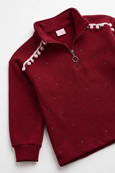 Bordo (7-10 Yaş) Yarım Fermuarlı Üç İp Şardonlu Kız Çocuk İkili Takım 502095