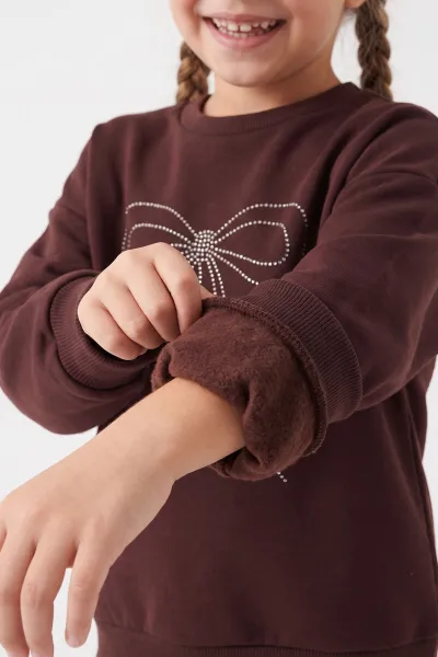 Bordo (7-12 Yaş) Fiyonk Taş Baskılı Bol Paça Şardonlu Oysho Kız Çocuk Takım 496191