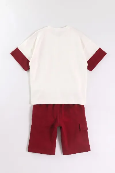 Bordo (7-12 Yaş) Nice Moments Baskılı Garnili  Cepli Şortlu  Erkek Çocuk Yazlık Takım 470081