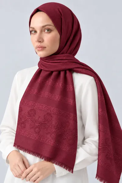 Bordo 70x180 Cm Floral Premium Jakarlı Pamuk Şal 494058