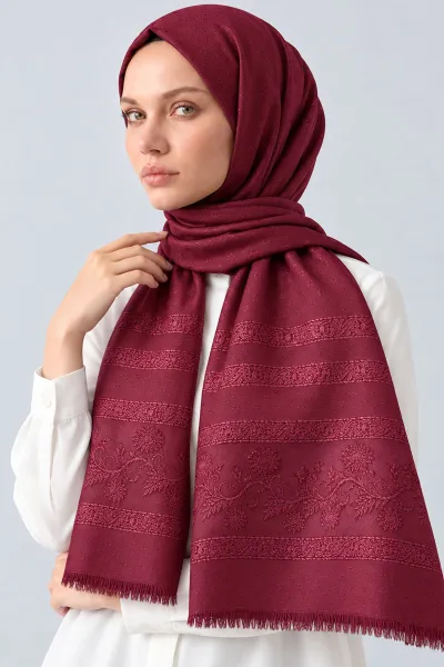 Bordo 70x180 Cm Floral Premium Jakarlı Pamuk Şal 494058