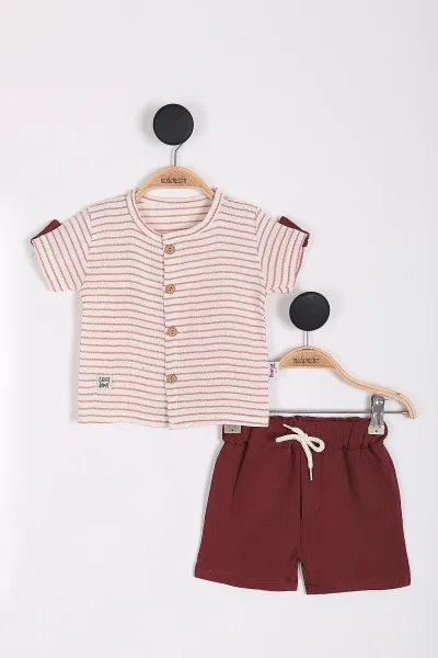Bordo (9-24 Ay) Düğmeli Çizgili Müslin Erkek Bebek Takım 255424