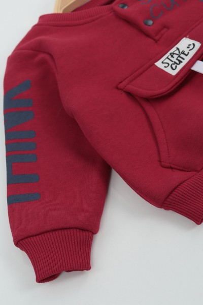 Bordo (9-24 Ay) Stay Cute Baskılı Kapak Cepli Üç İp Şardonlu Erkek Çocuk Takım 136794