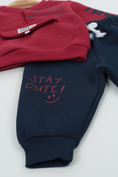 Bordo (9-24 Ay) Stay Cute Baskılı Kapak Cepli Üç İp Şardonlu Erkek Çocuk Takım 136794