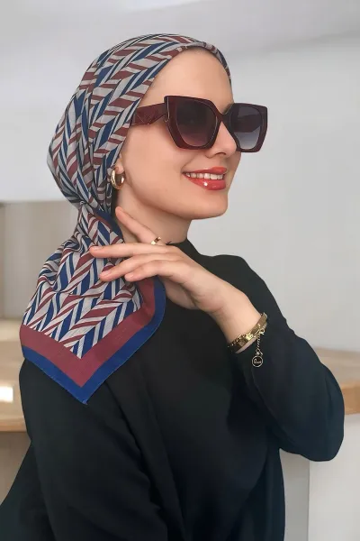 Bordo 90x90 Cm Dijital Baskı Zikzak Desenli Pamuk Eşarp 370985
