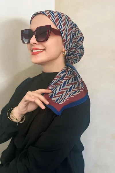 Bordo 90x90 Cm Dijital Baskı Zikzak Desenli Pamuk Eşarp 370985