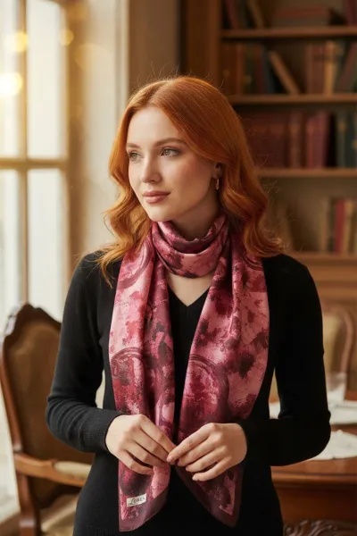 Bordo 90x90 Cm Dijital Baskılı Halka Desen Kutulu Twill Eşarp 501138