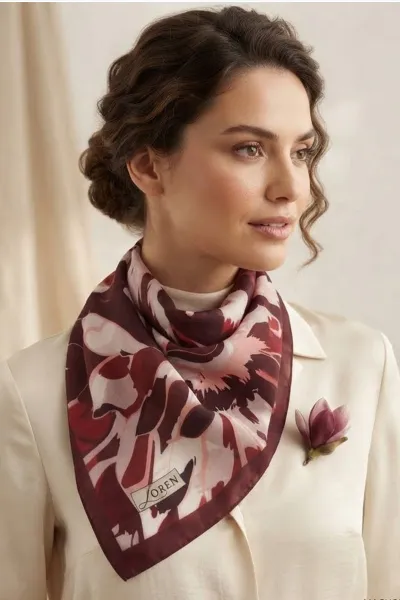 Bordo 90x90 Cm Dijital Baskılı Magnolia Desen Soft Eşarp 498589
