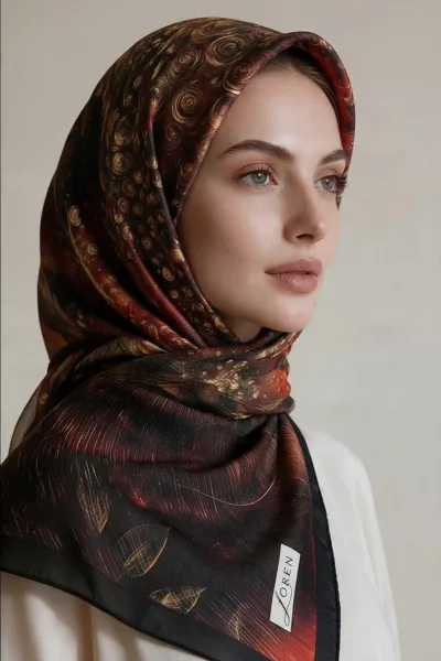 Bordo 90x90 Cm Dijital Baskılı Orbit Desen Kutulu Twill Eşarp 501118