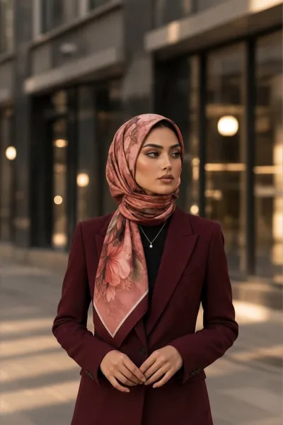 Bordo 90x90 Cm Dijital Baskılı Petalia Desen Kutulu Twill Eşarp 501137