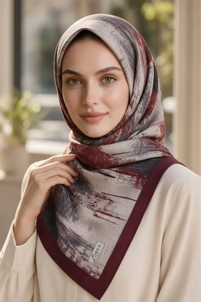 Bordo 90x90 Cm Dijital Baskılı Tela Desen Kutulu Twill Eşarp 501042