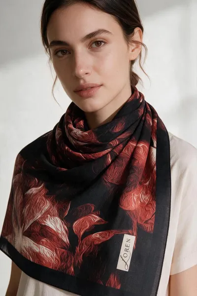 Bordo 90x90 Cm Dijital Baskılı Velvet Bloom Desen Soft Eşarp 498536