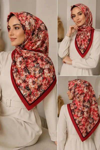 Bordo 95x95 Cm Dijital Baskılı Botanik Desen Soft Eşarp 473302