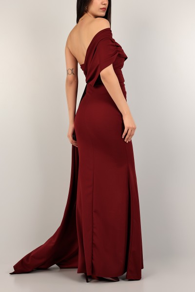 Bordo Açık Omuz Krep Uzun Abiye 109390