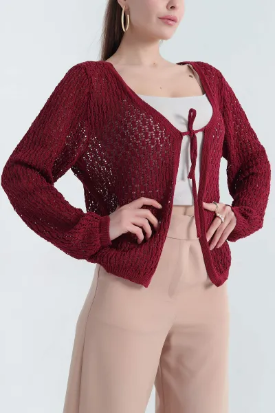 Bordo Ajurlu Kadın Triko Hırka 340817