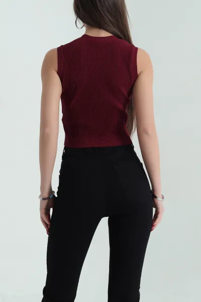 Bordo Akordiyon Kumaş Kolsuz Tişört 334148