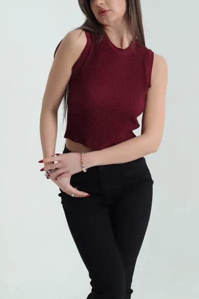 Bordo Akordiyon Kumaş Kolsuz Tişört 334148