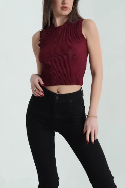 Bordo Akordiyon Kumaş Kolsuz Tişört 334148