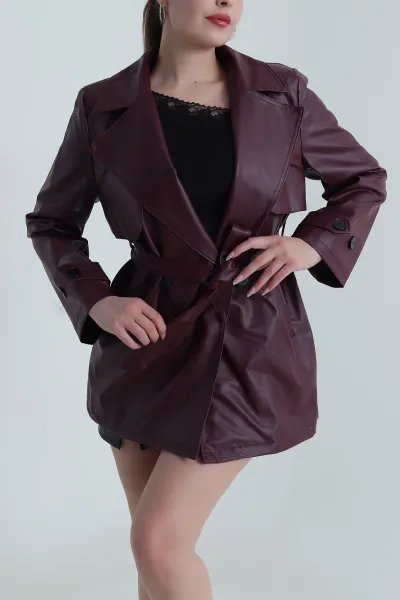 Bordo Ara Boy Deri Kadın Deri Trenç 486017