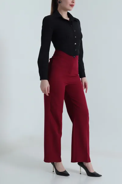Bordo Arkası Çift Pensli Dabıl Kadın Pantolon 496199