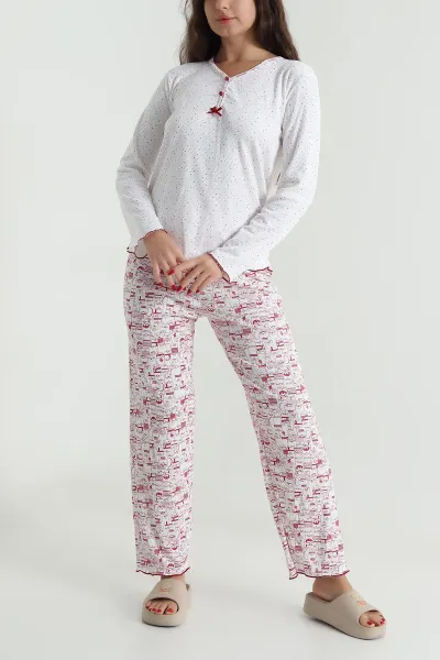 Bordo Armut Yaka Fitilli Kadın Pijama Takımı 494672