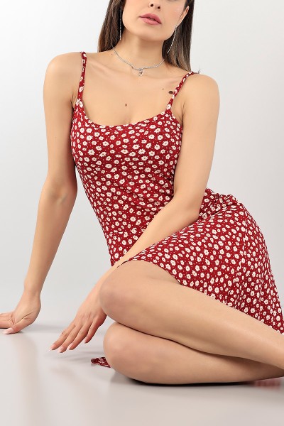 Bordo Askılı Çiçek Desenli Elbise 102742