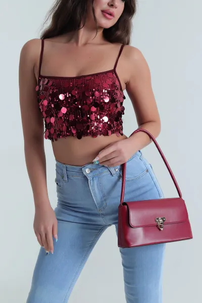 Bordo Askılı Pullu Kadın Bluz 483179