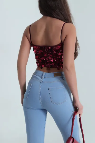 Bordo Askılı Pullu Kadın Bluz 483179