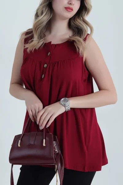 Bordo Askılı Yakadan Düğmeli Viskon Kadın Bluz 471001