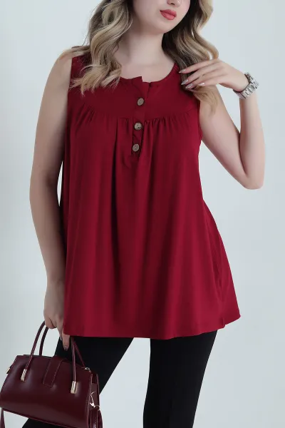 Bordo Askılı Yakadan Düğmeli Viskon Kadın Bluz 471001