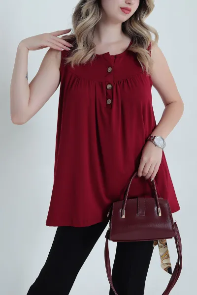Bordo Askılı Yakadan Düğmeli Viskon Kadın Bluz 471001