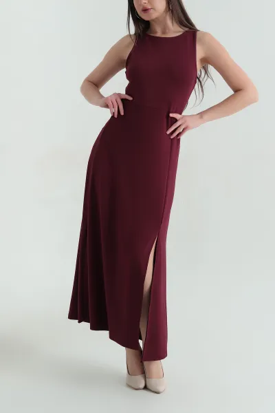 Bordo Askılı Yırtmaçlı Viskon Dalgıç Kadın Elbise 362998