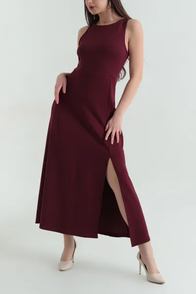 Bordo Askılı Yırtmaçlı Viskon Dalgıç Kadın Elbise 362998