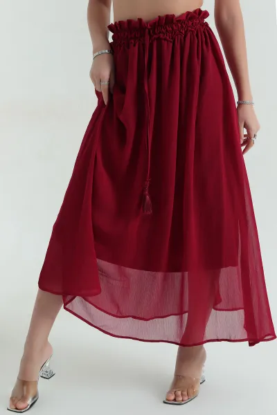 Bordo Astarlı Bel Lastikli Şifon Kadın Etek 364917