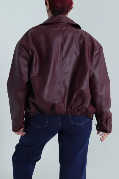 Bordo Astarlı Cepli Kadın Deri Ceket 483936