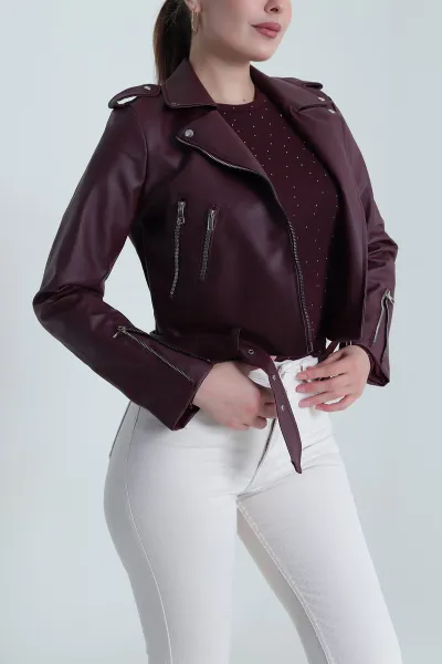 Bordo Astarlı Fermuarlı Kemerli Kadın Deri Ceket 483951