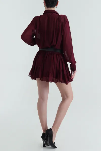 Bordo Astarlı Kemerli Şifon Kadın Elbise 428970