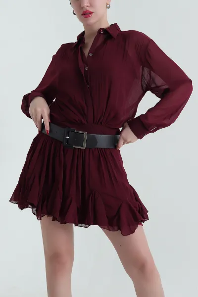 Bordo Astarlı Kemerli Şifon Kadın Elbise 428970